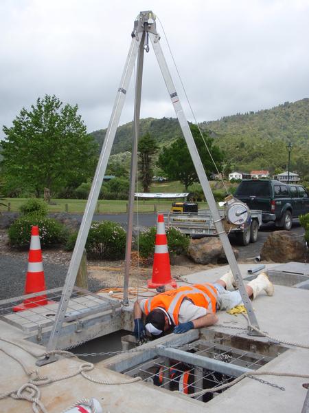 Contractors work to install powder activated carbon dosing at the raw water intake during the upgrade of the Ngaruawahia Water Treatment Plant.